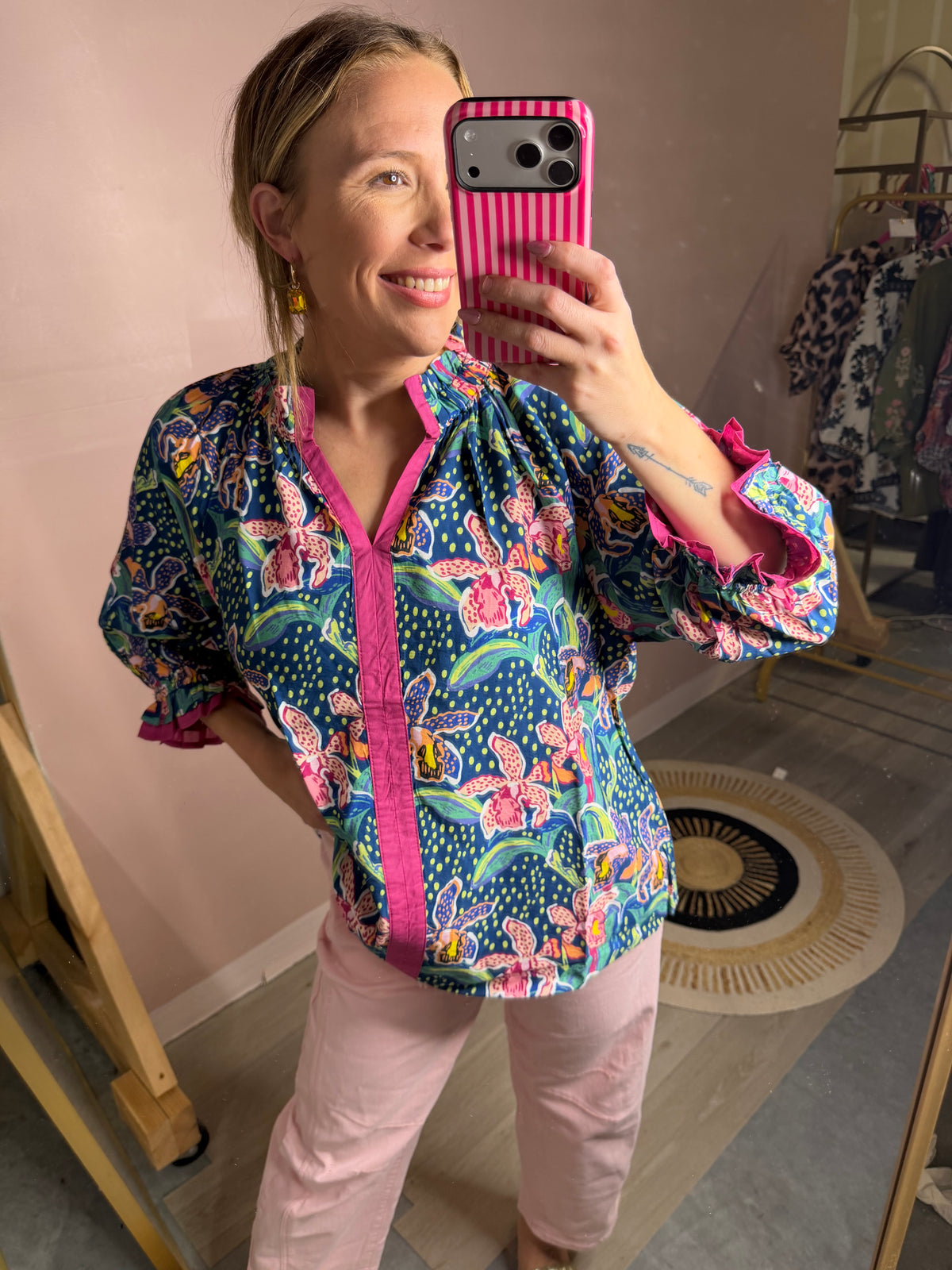 Blue Dot Floral Oversized Blouse with Pink Trim
