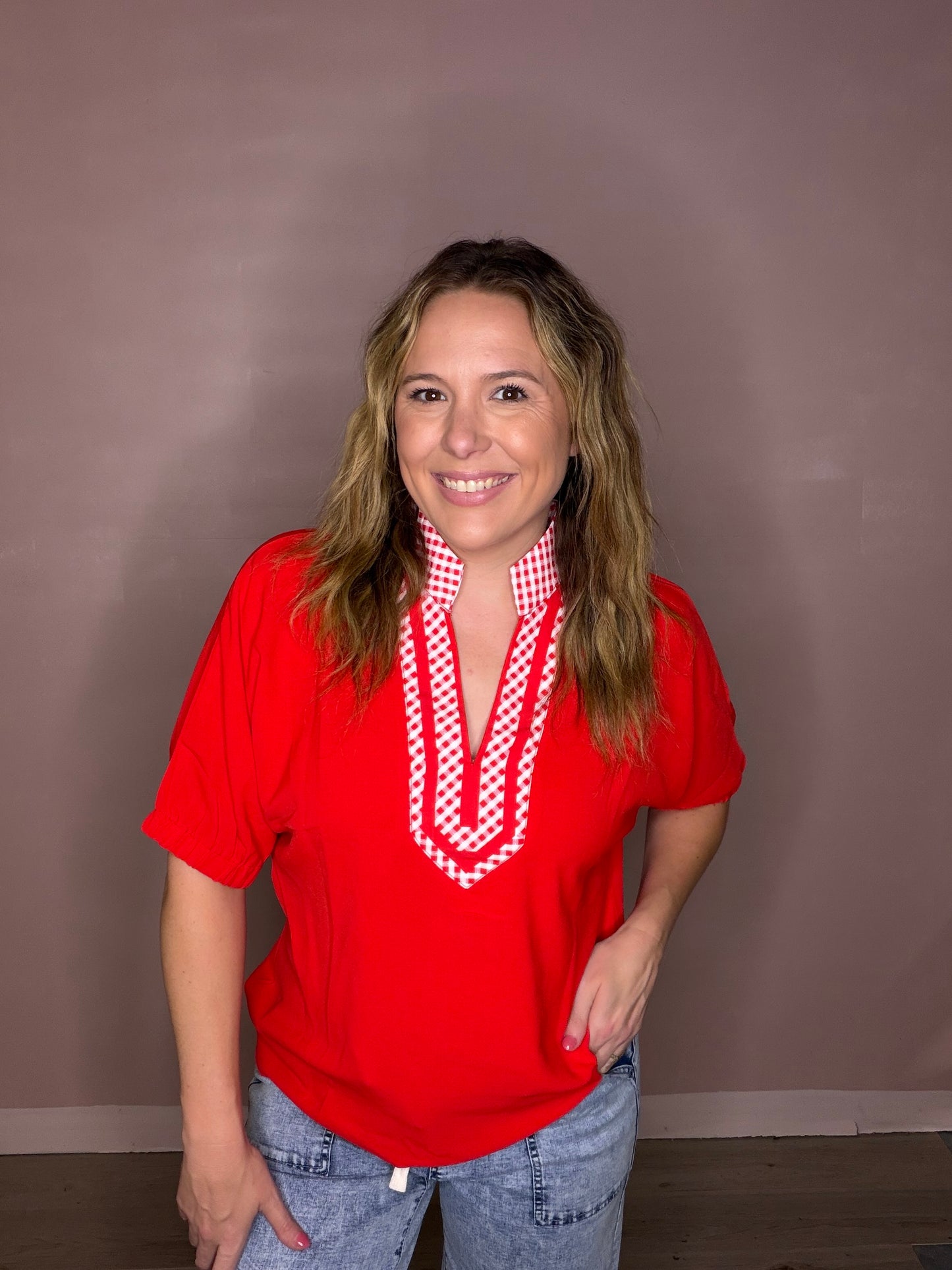 Women's Red Gingham Trim Flowy Blouse | Teacher & Game Day Top