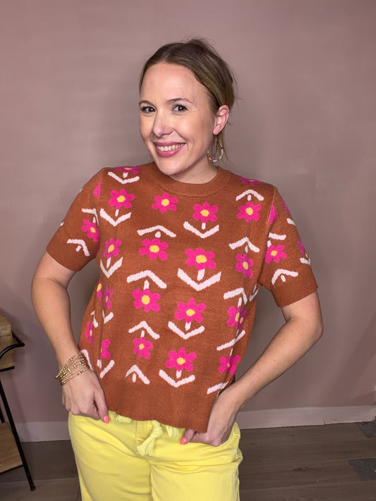 Brown & Pink Floral Short Sleeve Sweater
