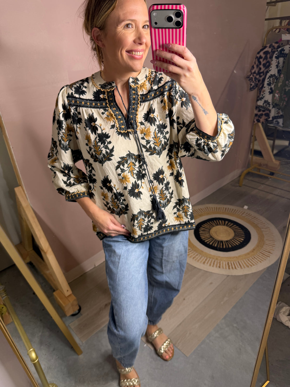 Black & Camel Floral Flowy Blouse