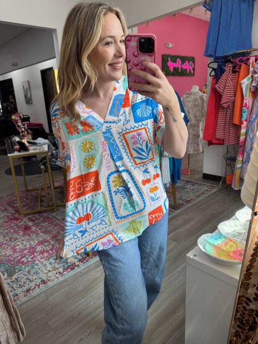 Orange & Blue Resort Print Blouse