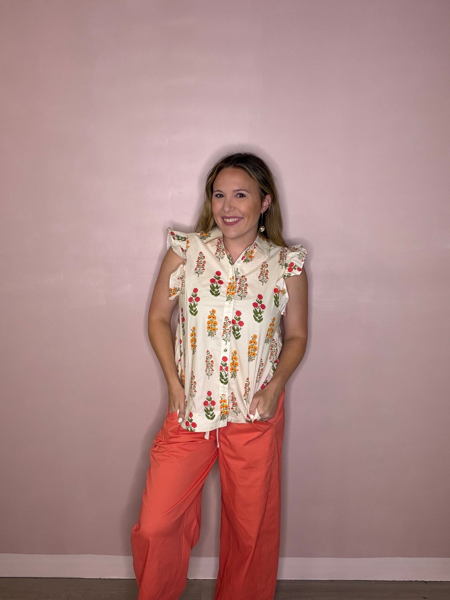 Ivory Floral Ruffle Sleeve Button Up Blouse