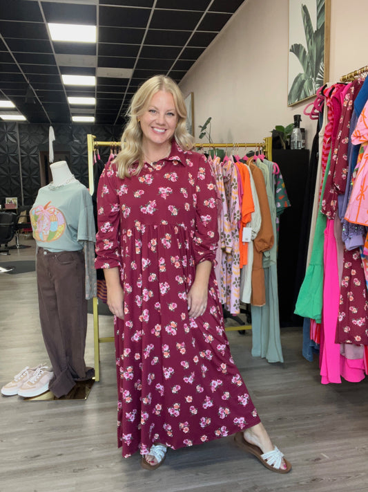 Sweet Harvest Floral Midi Dress – Plum