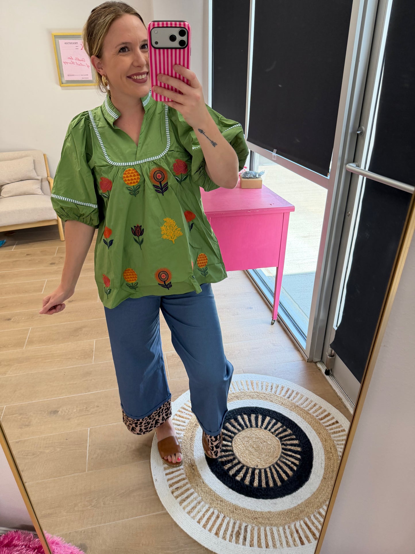 Green Floral Embroidered Blouse