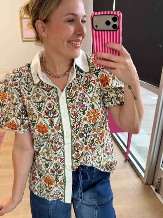 Green Collared Floral Button Front Top