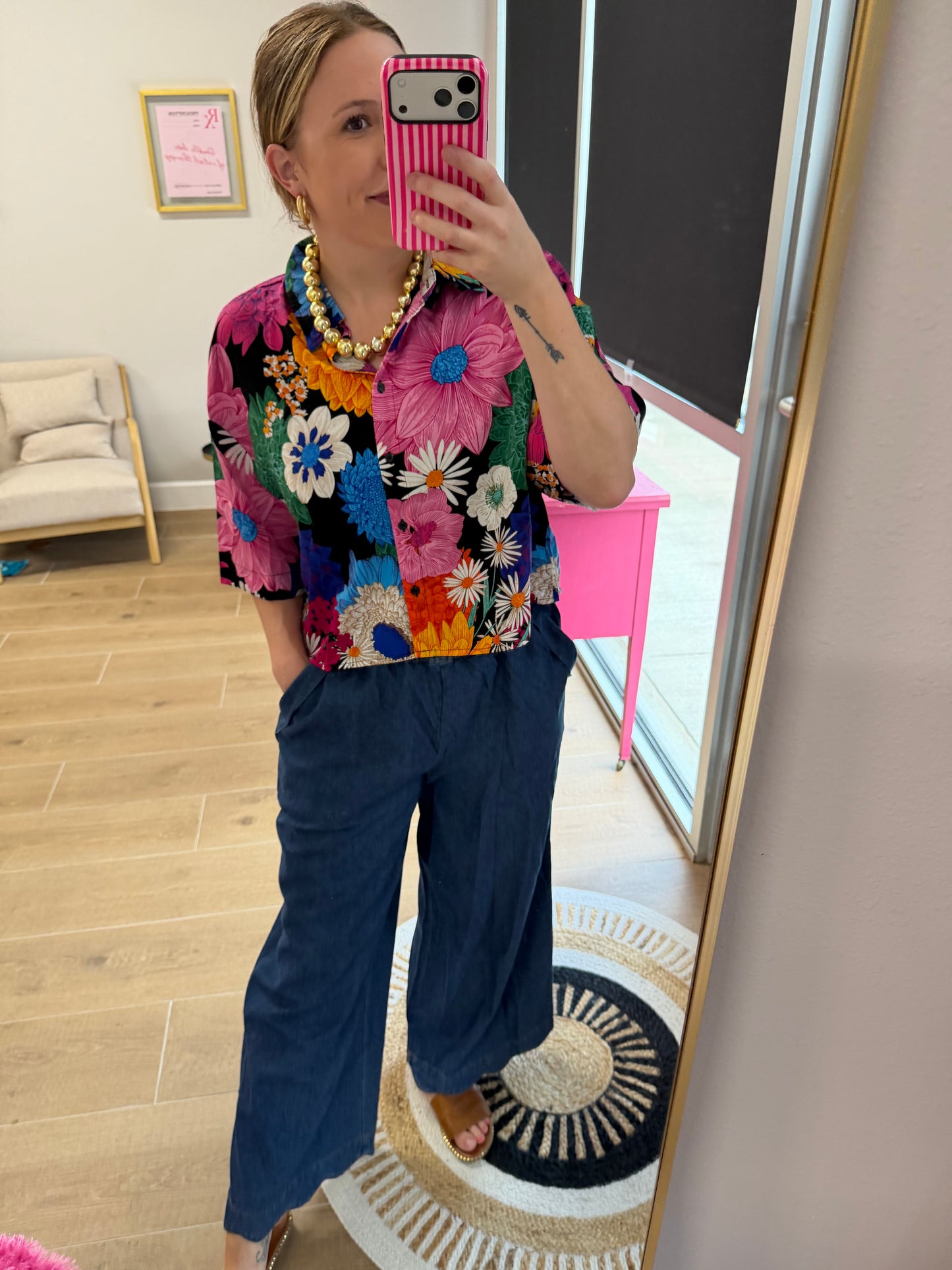 Cropped Button Front Floral Blouse