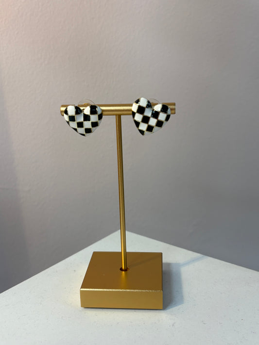 Black and White Checkered Heart Earrings