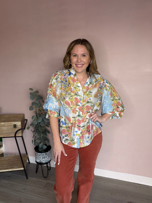 Watercolor Floral Puff Sleeve Fall Blouse