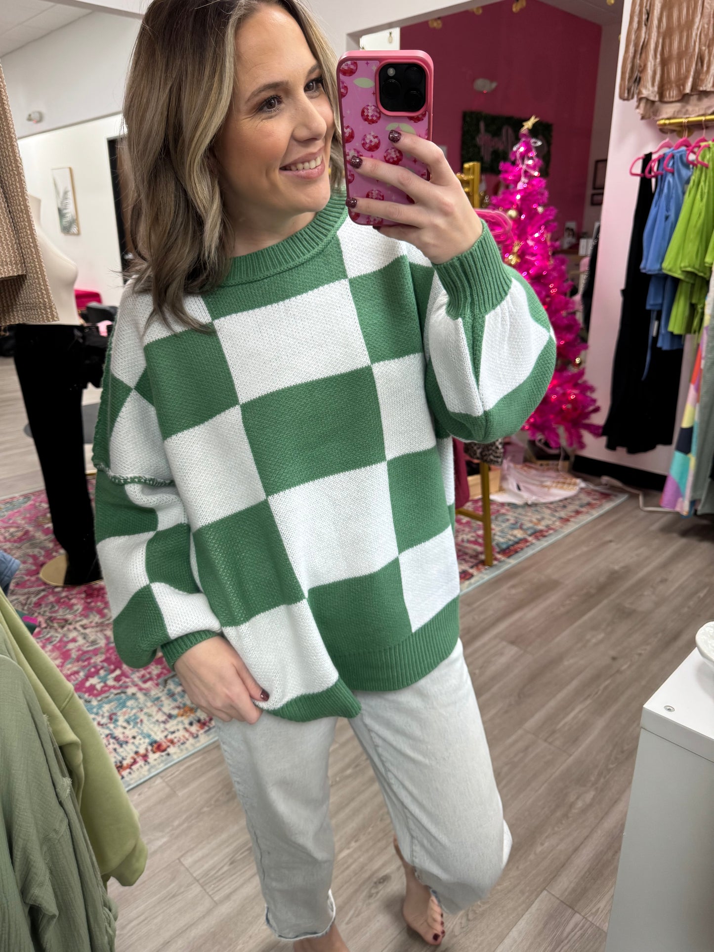 Green checkered sweater