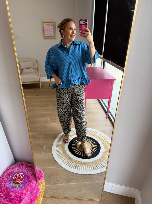Blue Striped Ruffle Hem Button-Down Blouse