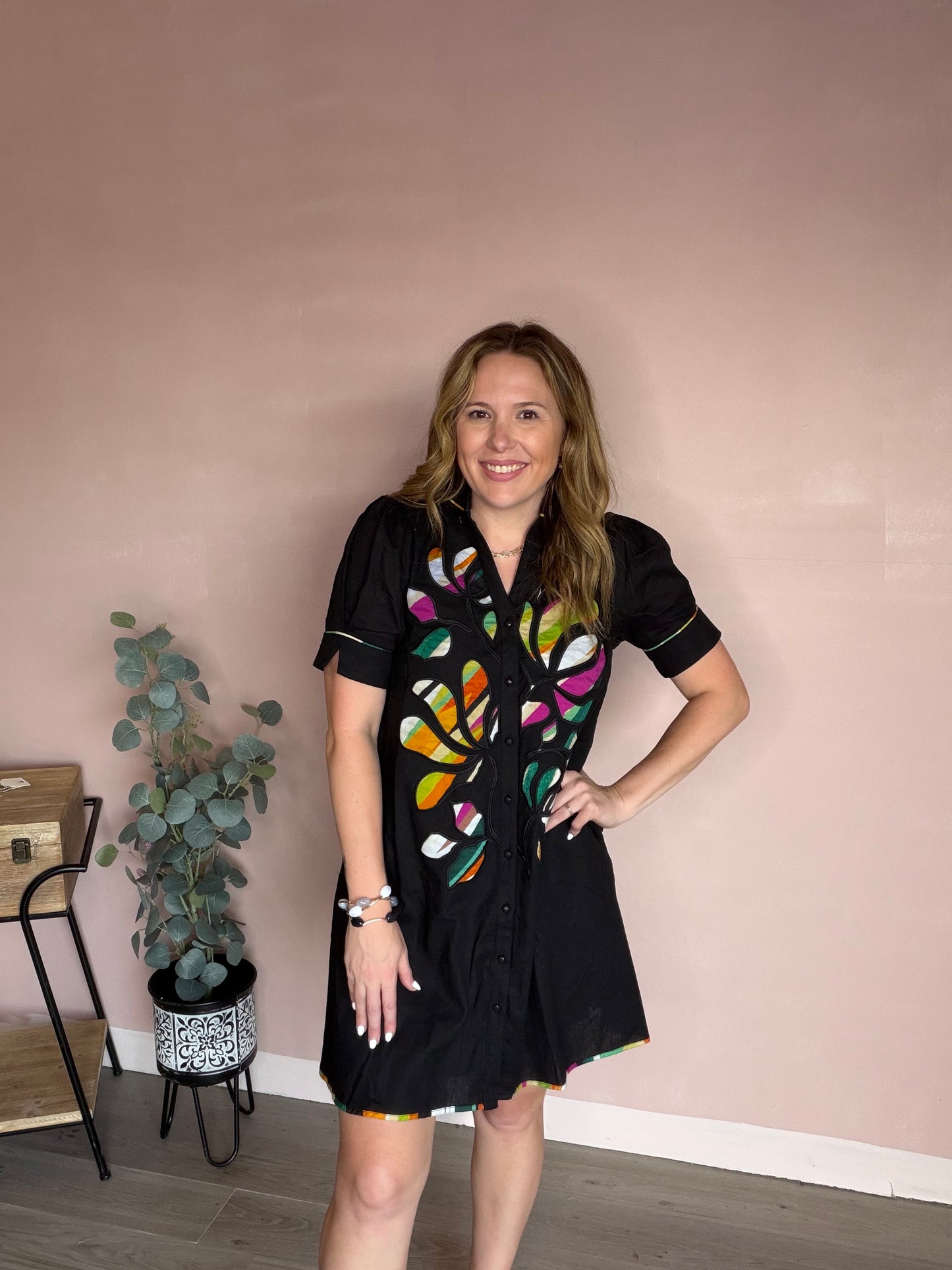 Black Colorful Embroidered Applique Button Dress