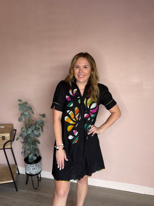 Black Colorful Embroidered Applique Button Dress