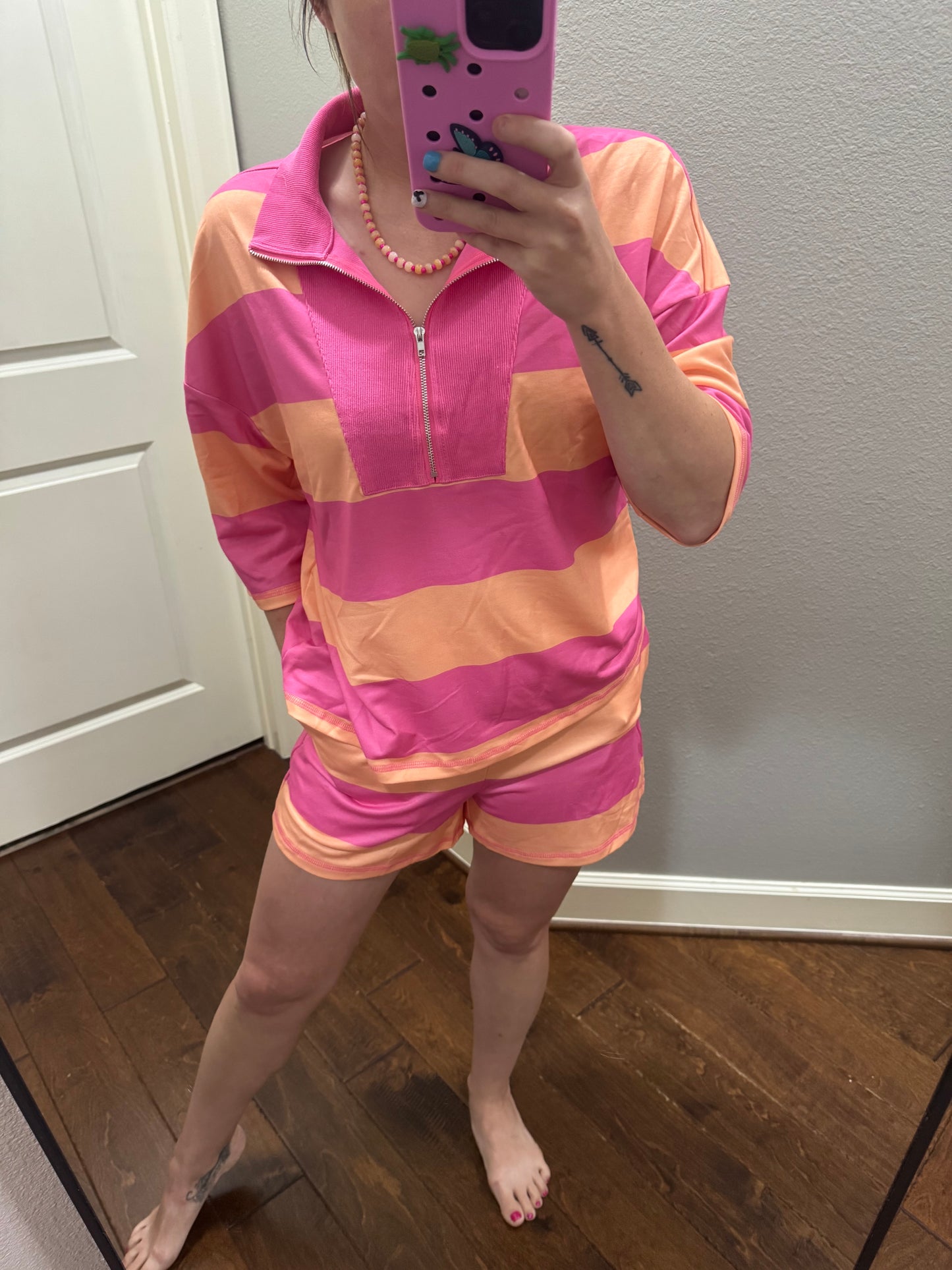 Pink & Peach Striped Half Zip Short Set