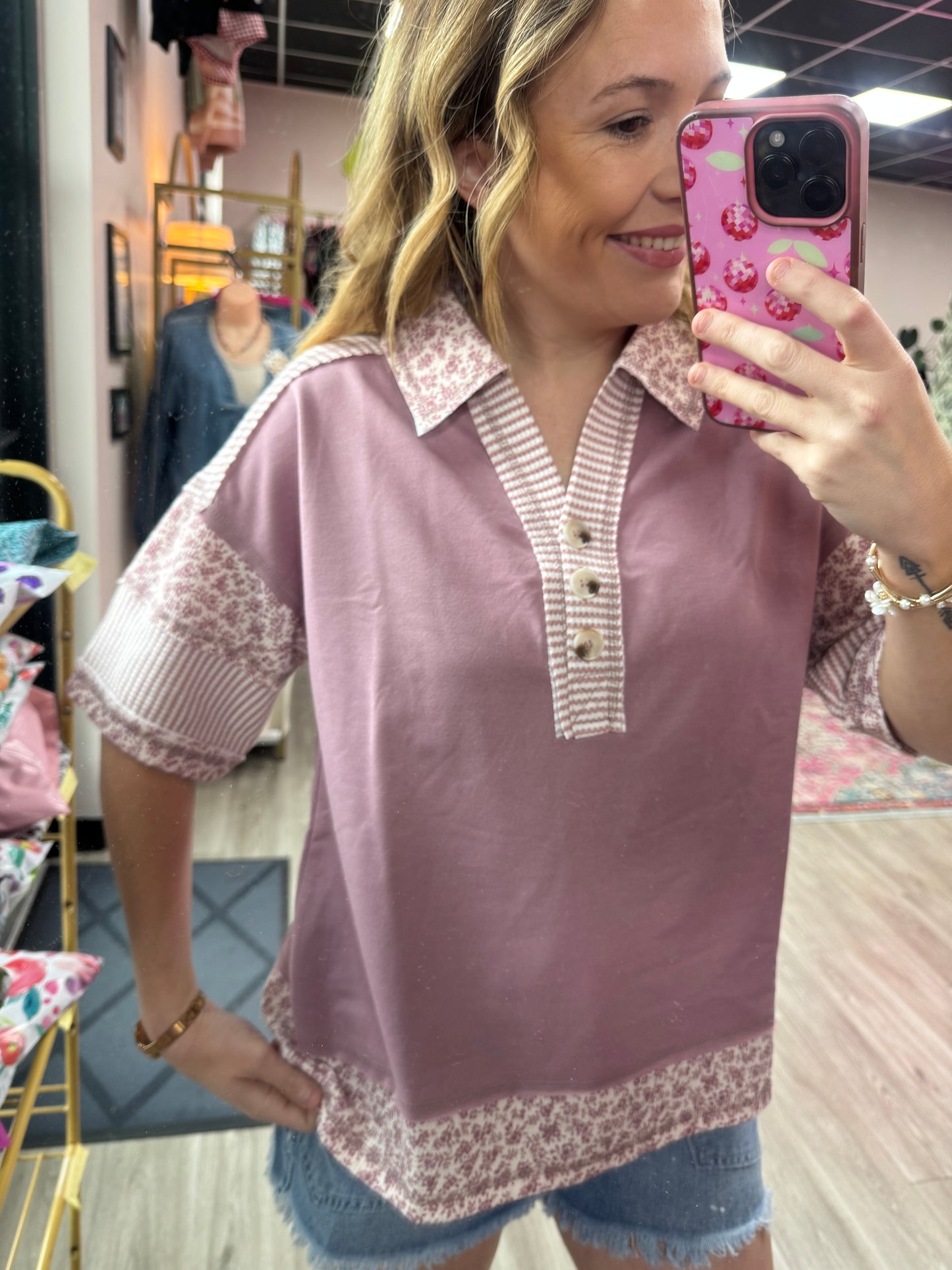 Mauve Floral Oversized Half Button Down Collared Knit Top