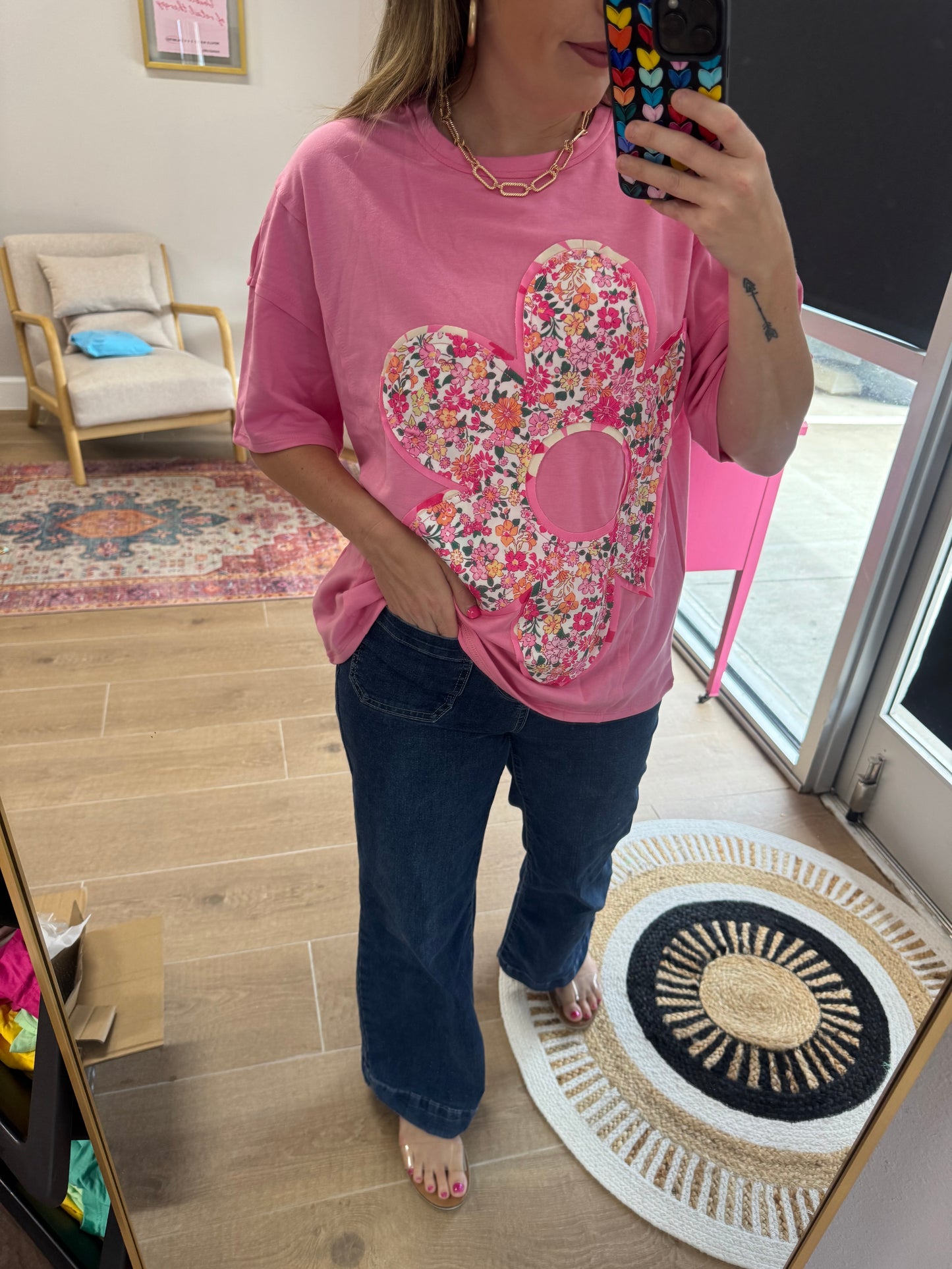 Pink Floral Appliqué Oversized Tee