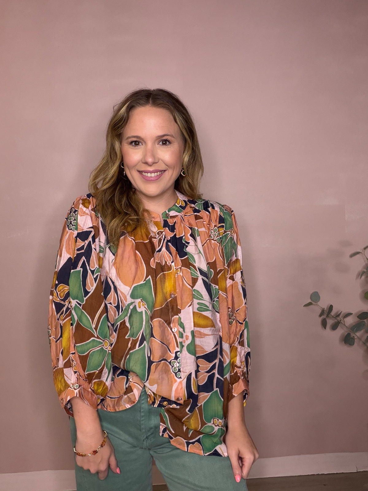 Green Brown & Tan Floral Fall Blouse