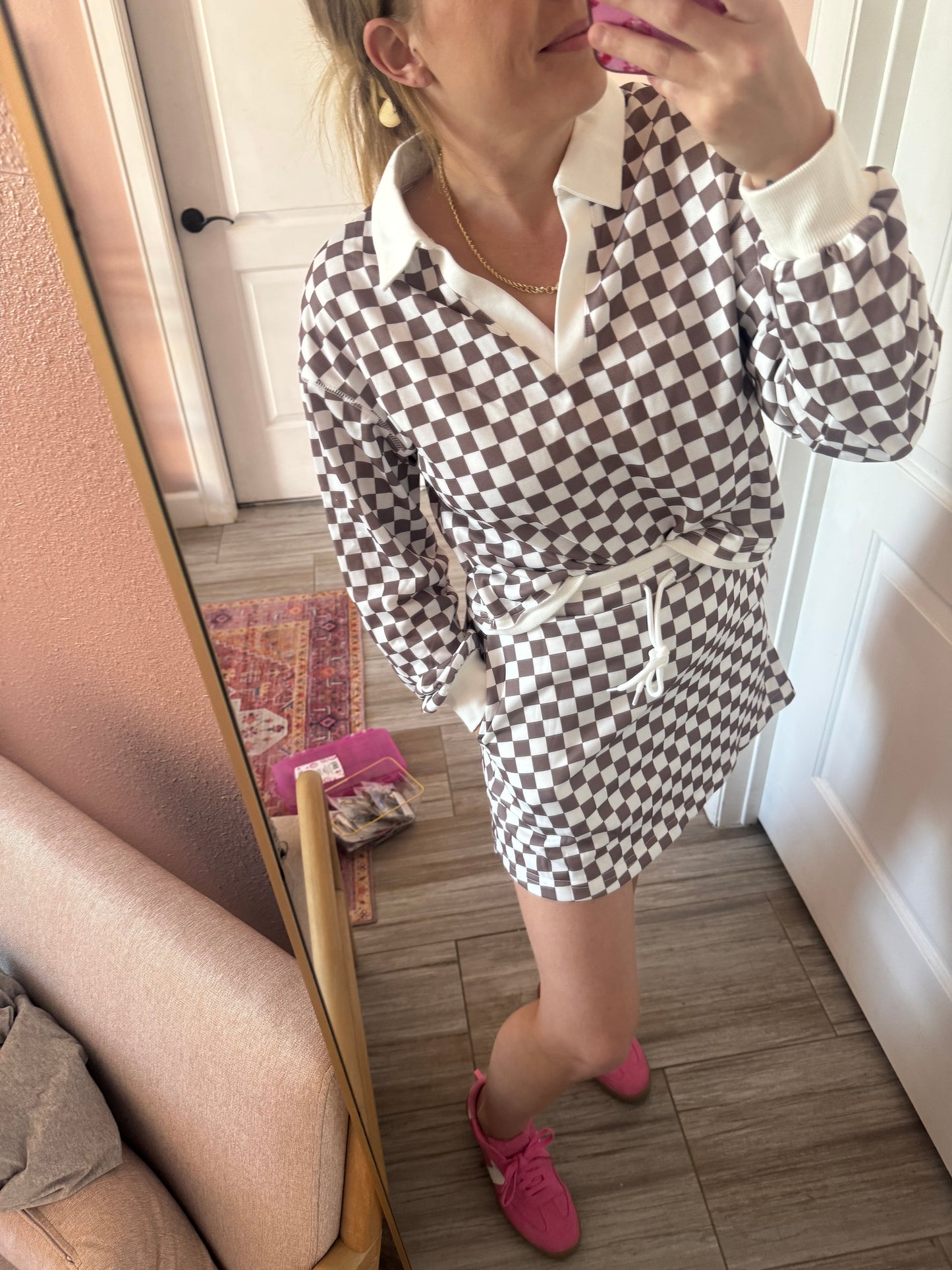 Checkered Chic Lounge Set – Mocha & Cream