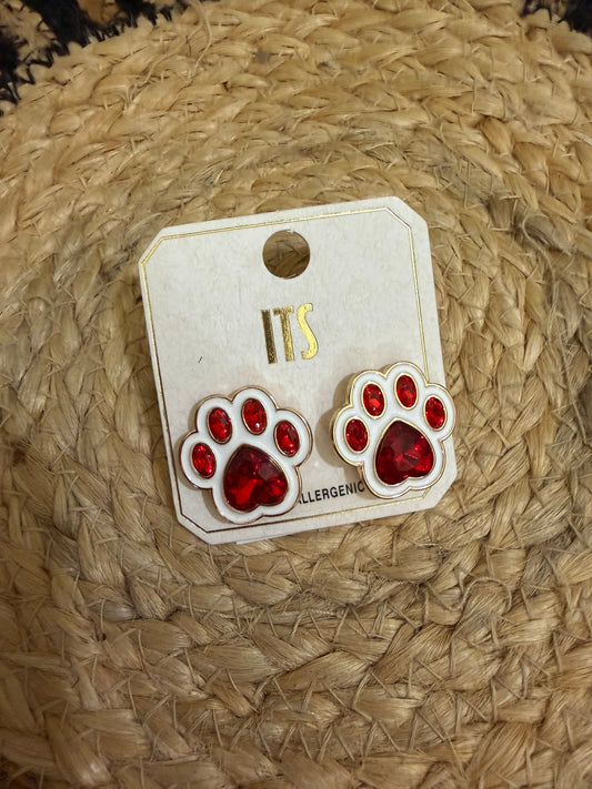 Red Cougar Paw Rhinestone Stud Earrings