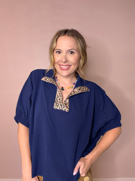 Navy Textured Blouse with Leopard Trim