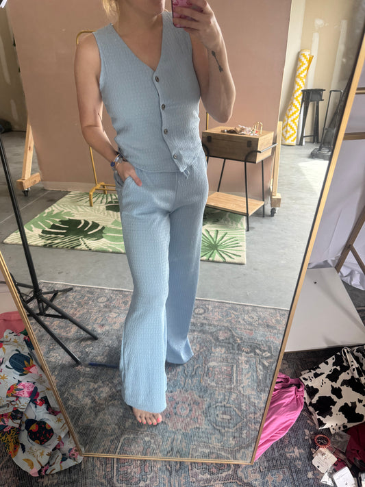 Sky Blue Textured Wide Leg Pants