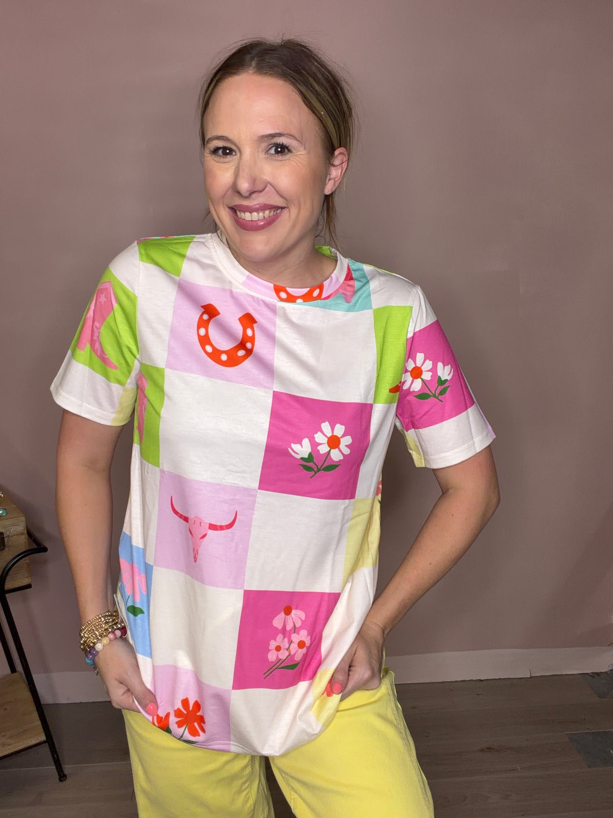 Colorful Western Patchwork Checkerboard Graphic Tee