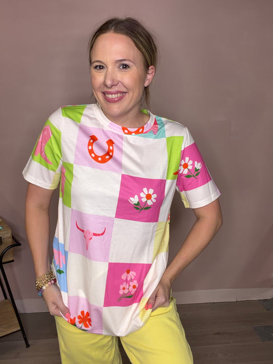 Colorful Western Patchwork Checkerboard Graphic Tee
