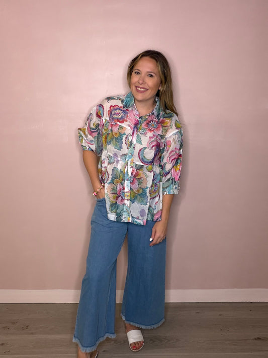 Oversized Watercolor Floral Print Blouse
