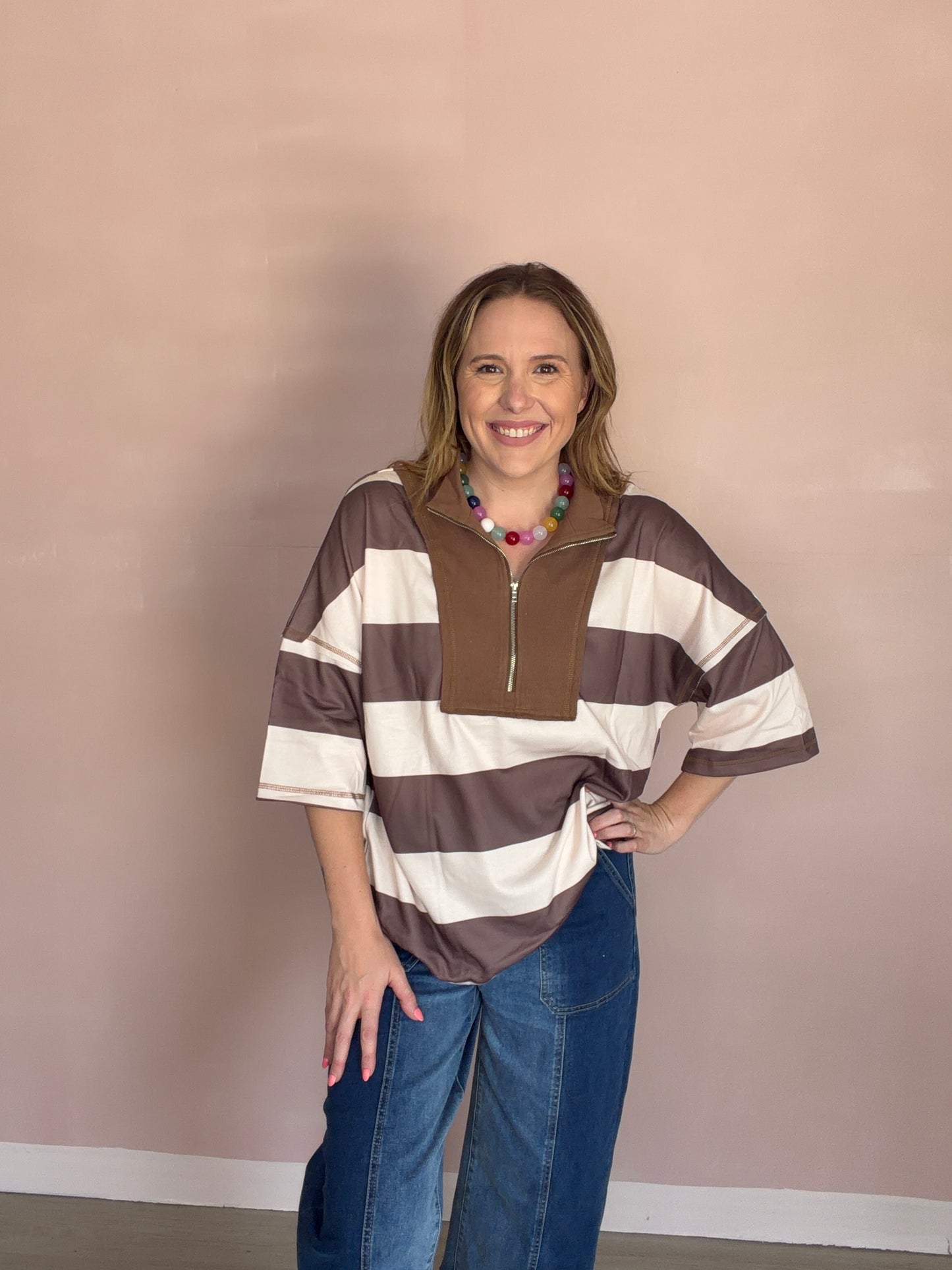 Brown Stripe Quarter Zip Oversized Top