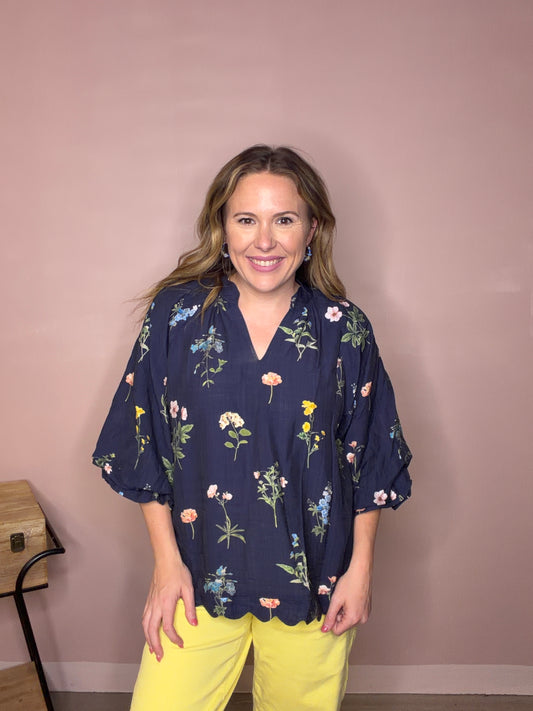 Navy Wildflower Scalloped Hem Blouse