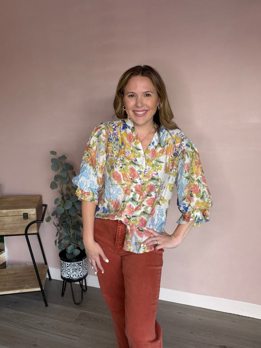 Watercolor Floral Puff Sleeve Fall Blouse