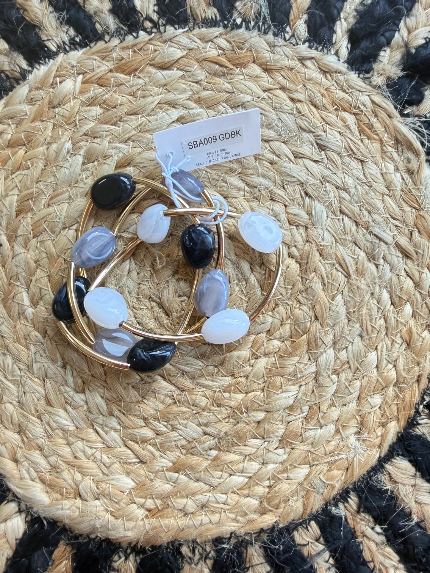 Black and Gray Beaded Bracelet Stack with Gold Accents