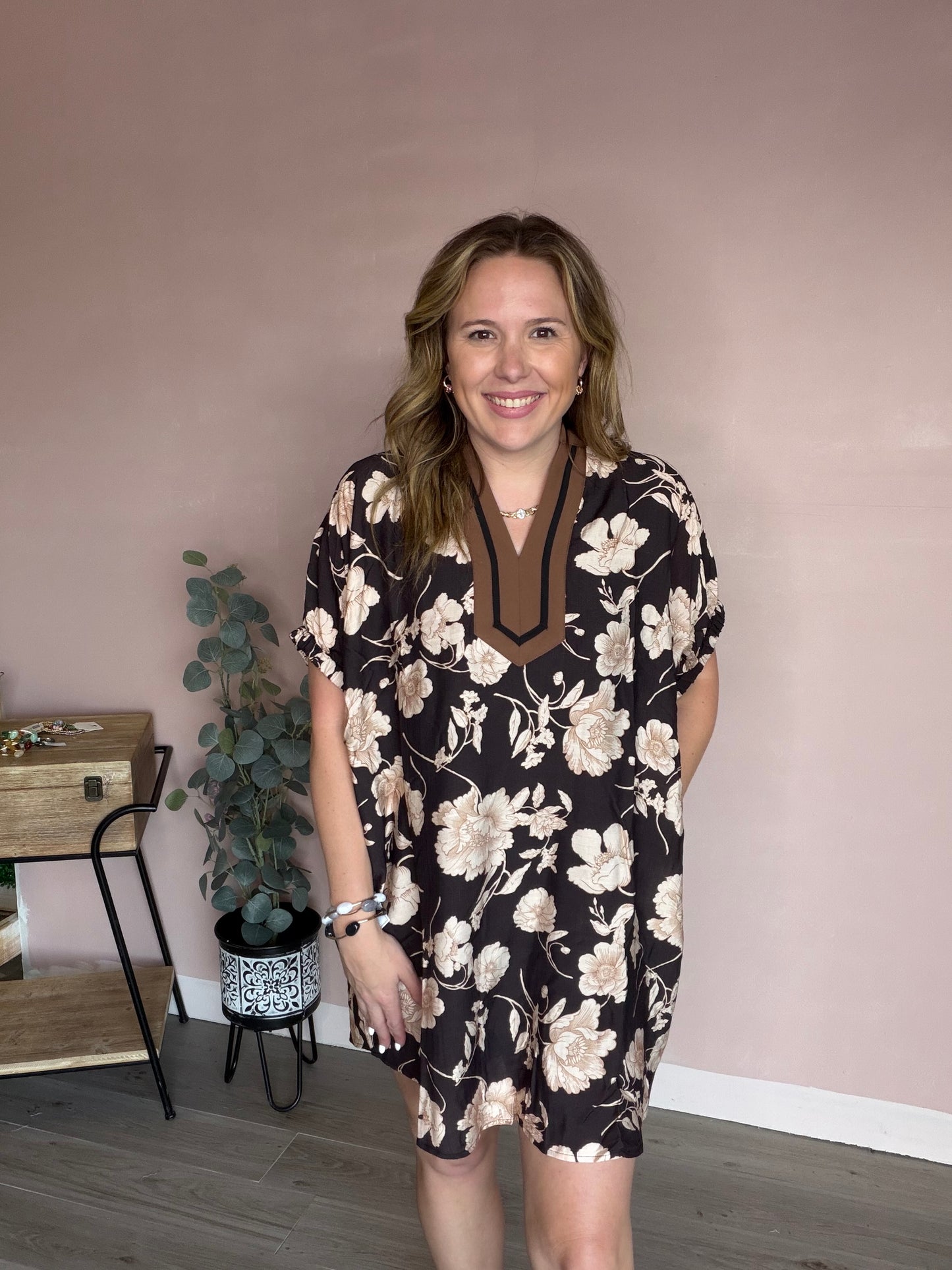 Mocha Black Floral Trim Pocket Dress