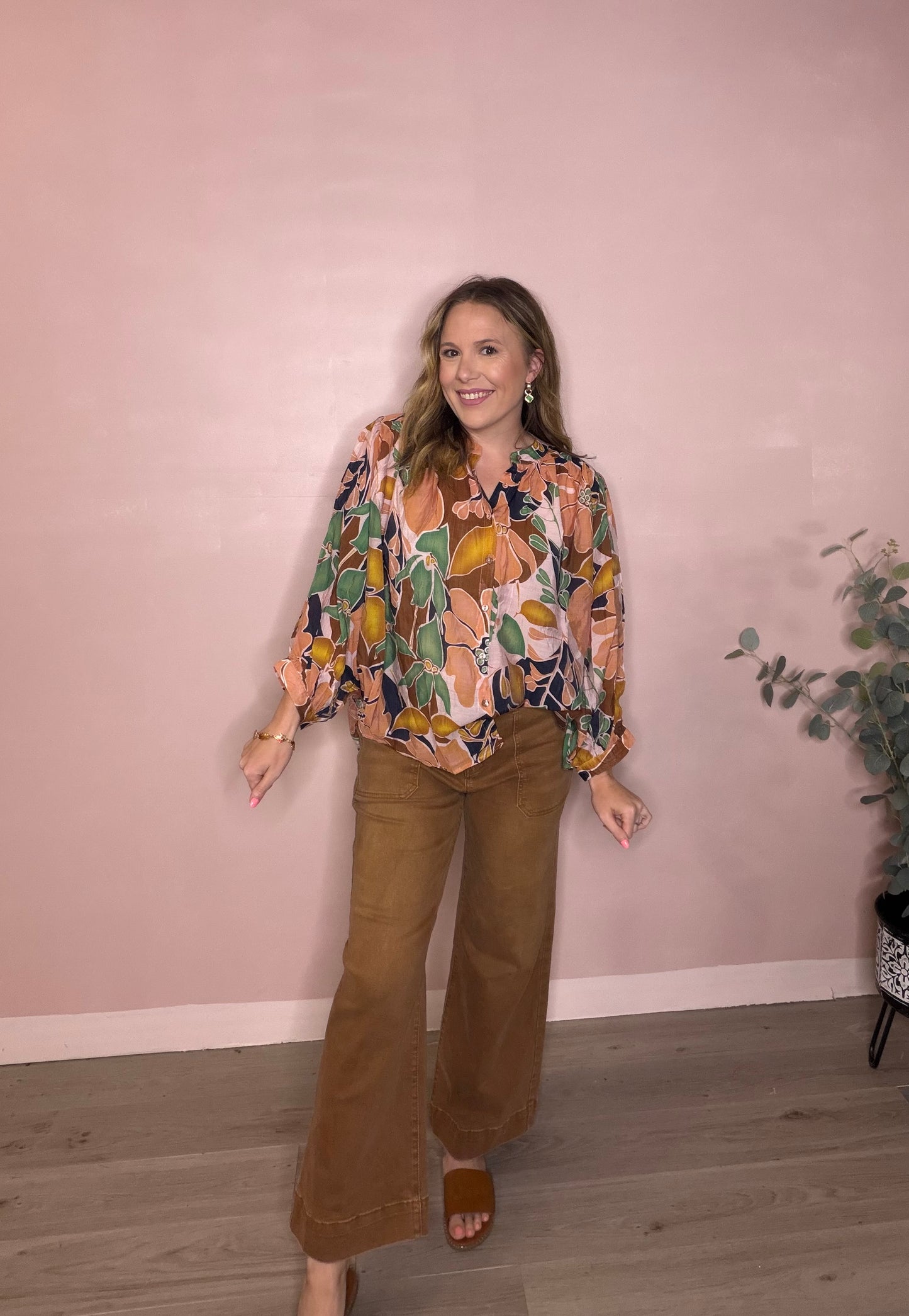 Green Brown & Tan Floral Fall Blouse