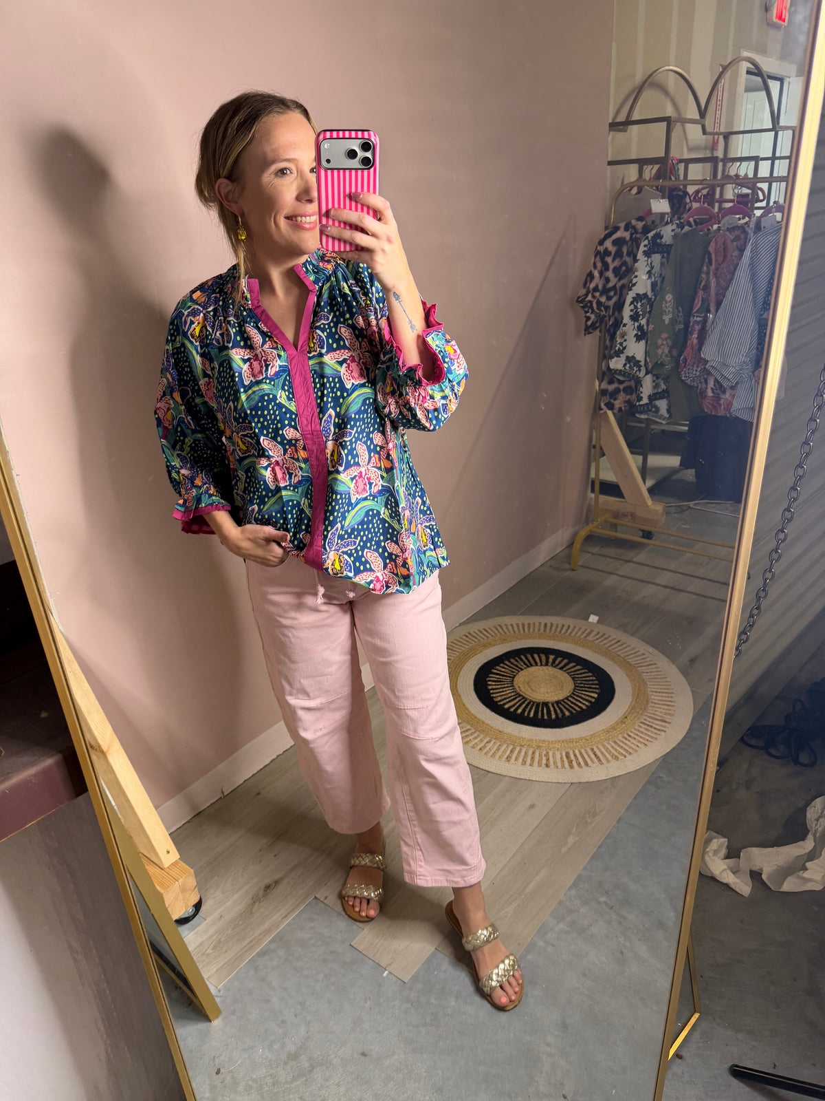 Blue Dot Floral Oversized Blouse with Pink Trim