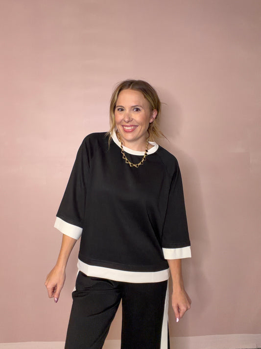 Umgee Luxe Knit Contrast Trim Top - Black
