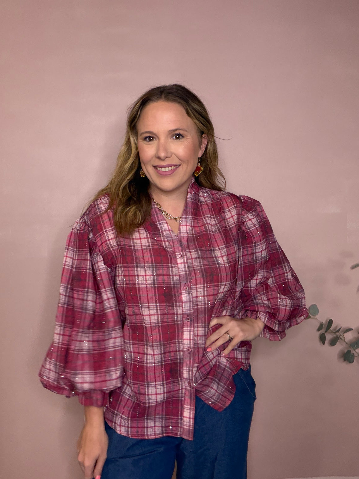 Red Plaid Puff Sleeve Blouse