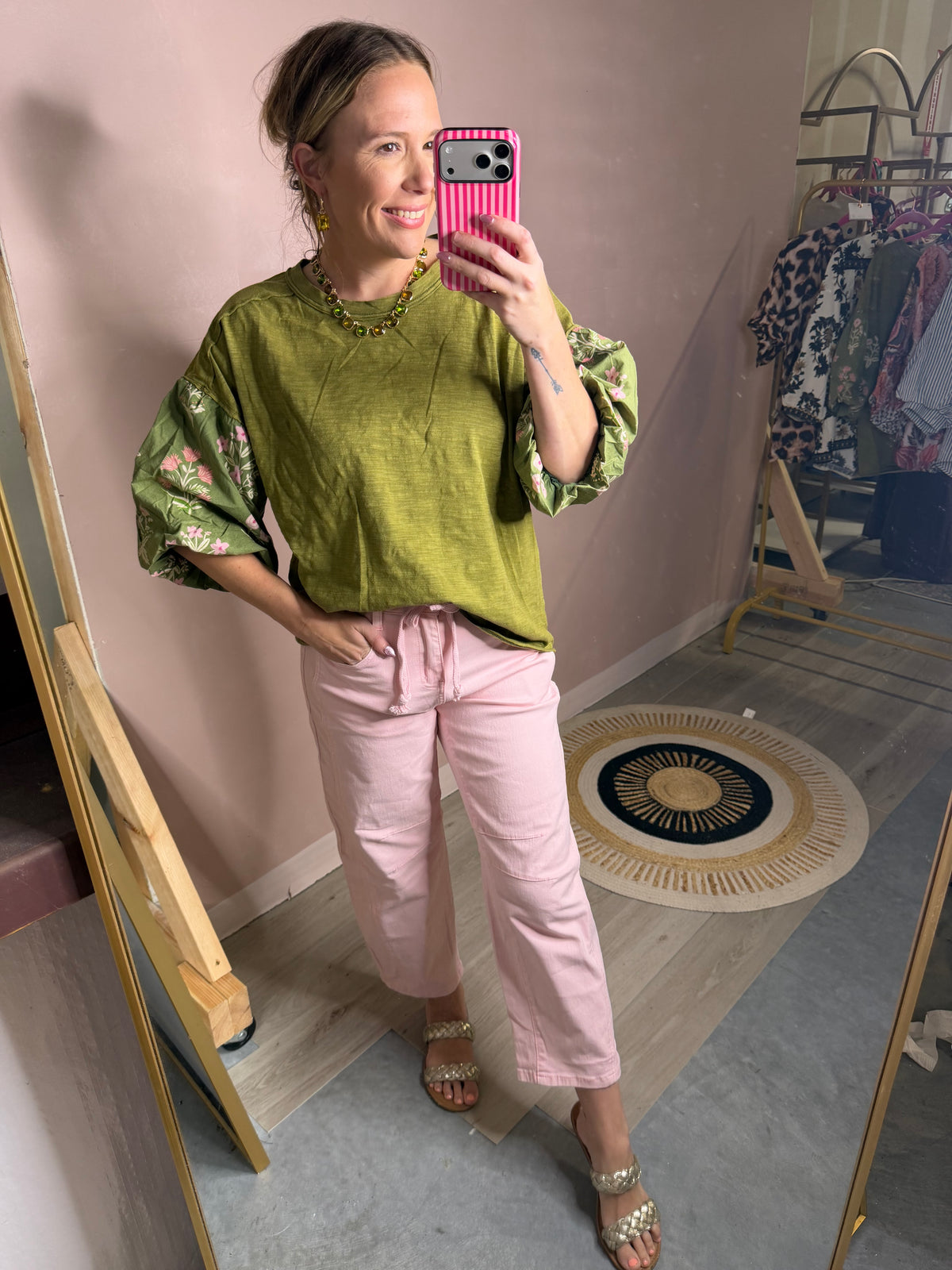 Pink Stretch Rope Tie Cropped Jeans