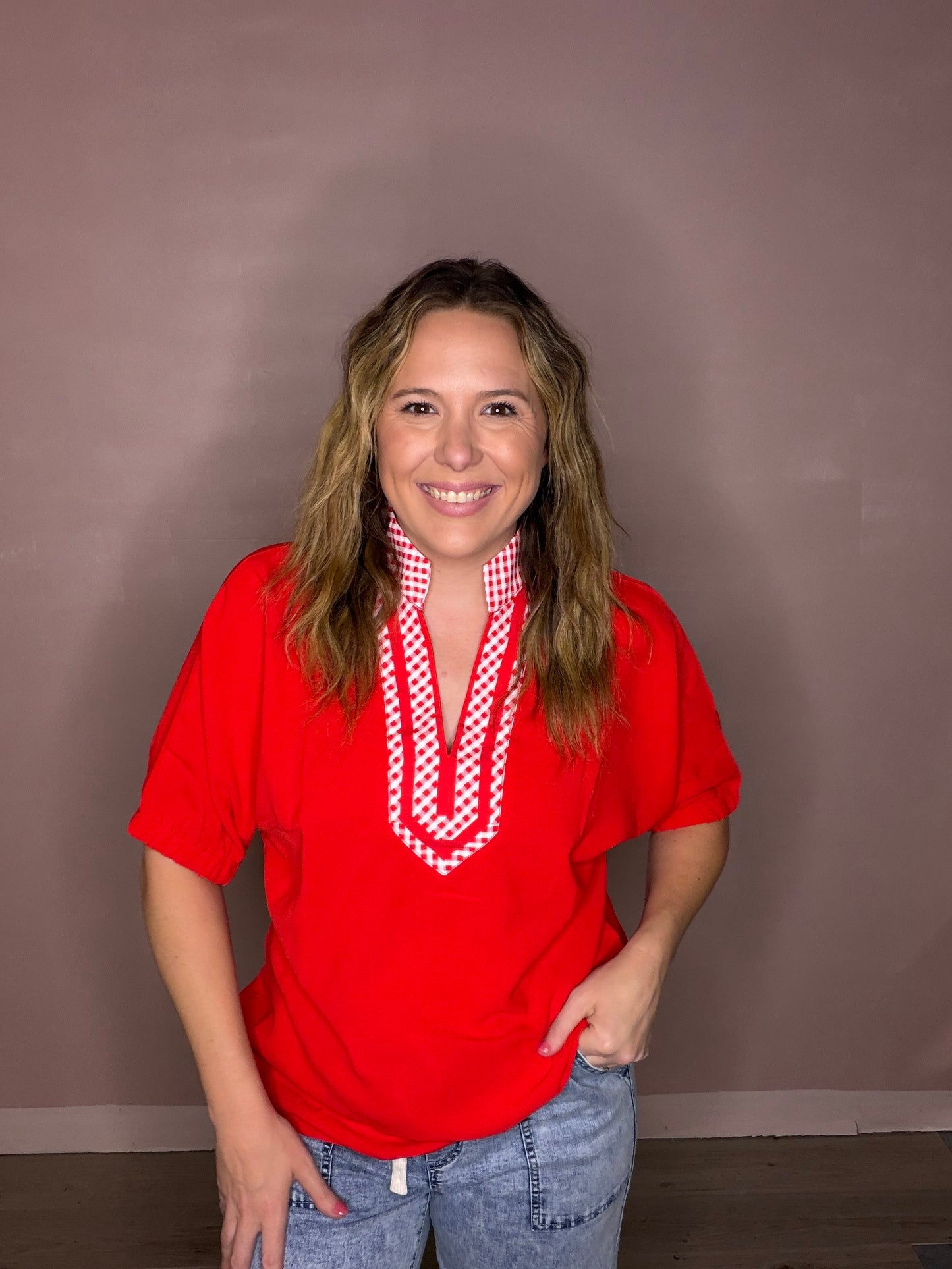 Women's Red Gingham Trim Flowy Blouse | Teacher & Game Day Top