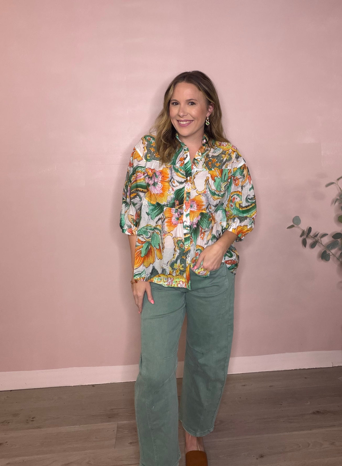 Green Watercolor Floral Blouse