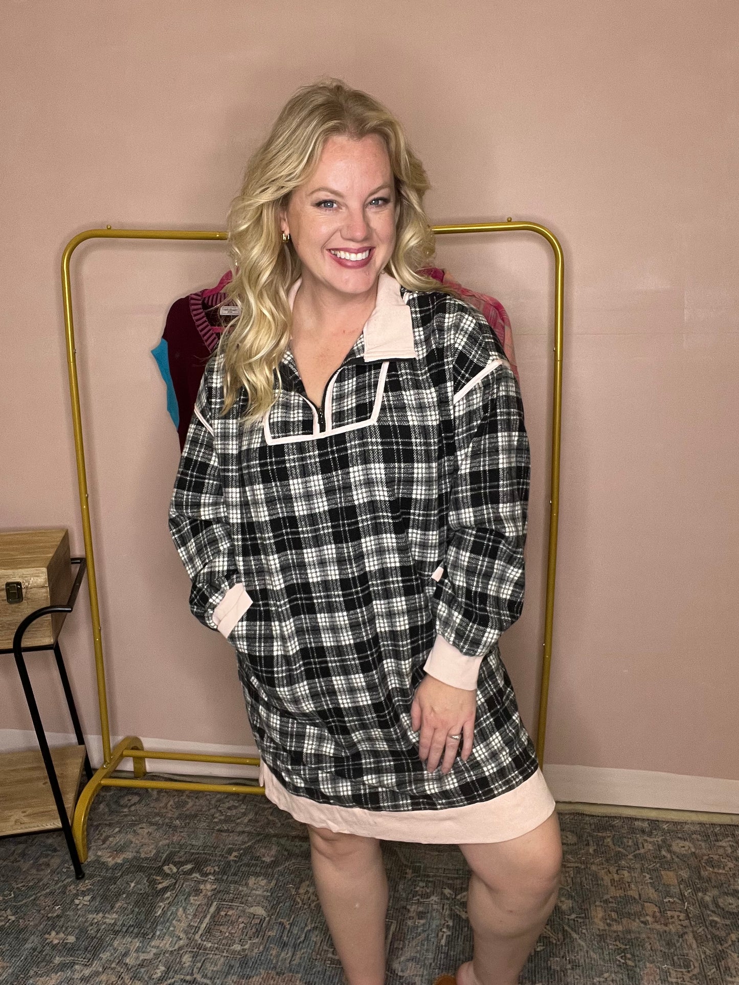 Blush Trim Plaid Sweatshirt Dress