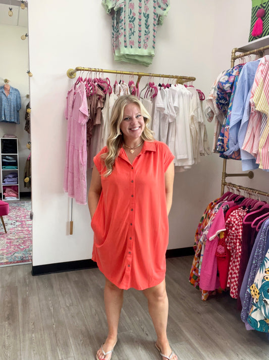 Sunkissed in Coral Button-Up Dress