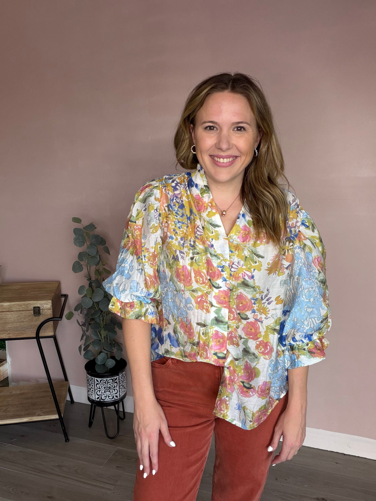 Watercolor Floral Puff Sleeve Fall Blouse