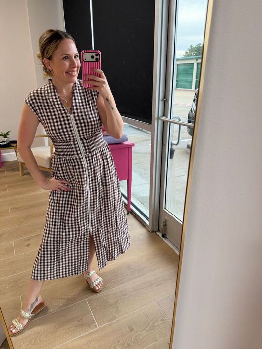Brown Gingham Zip Front Midi Dress