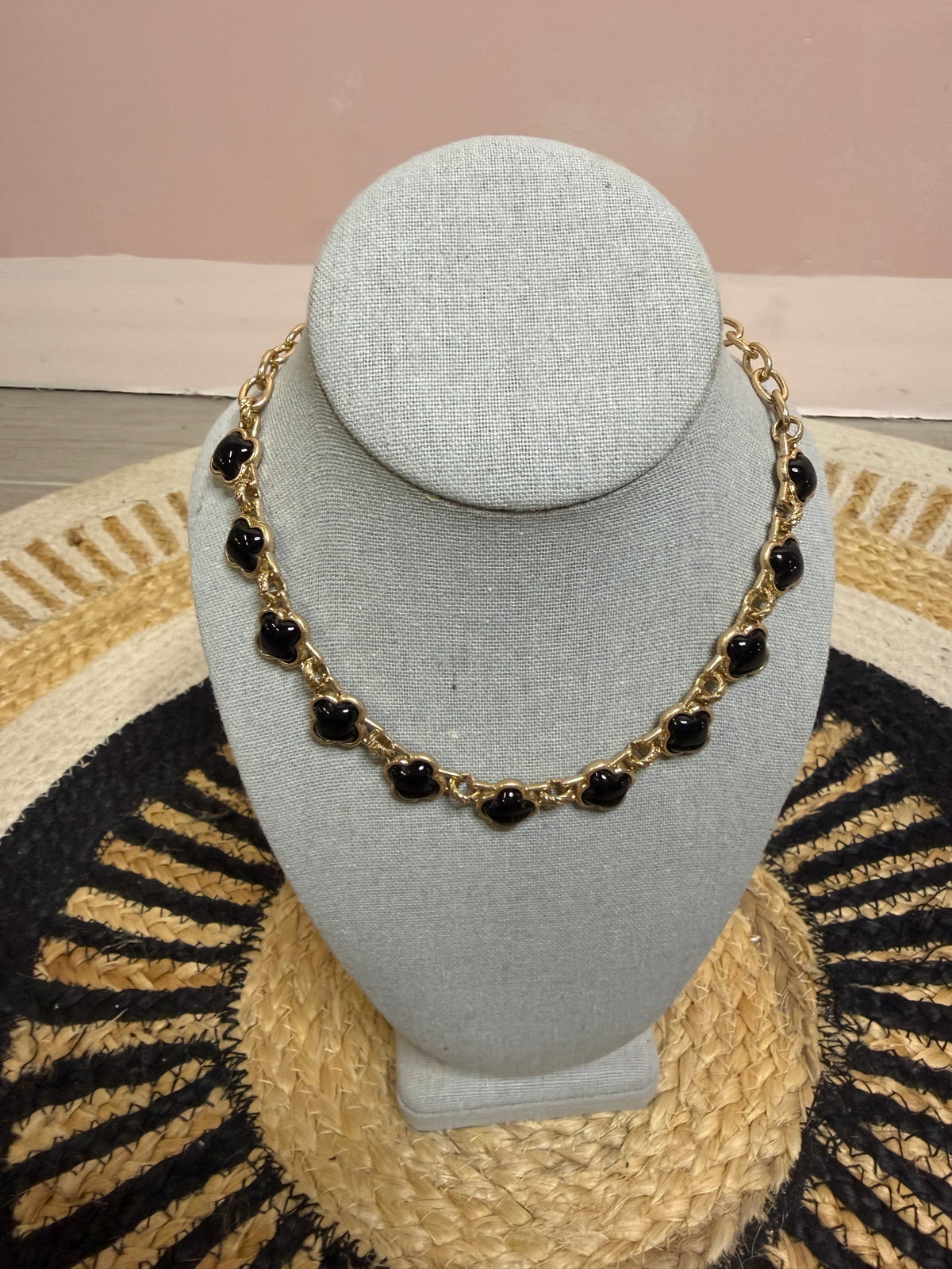 Black Clover Station Necklace - Gold Tone Layering Jewelry