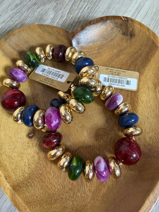 Multicolor Stone and Gold Stretch Bracelet