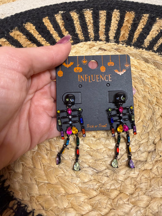 Colorful Rhinestone Skeleton Earrings - Halloween Statement Earrings