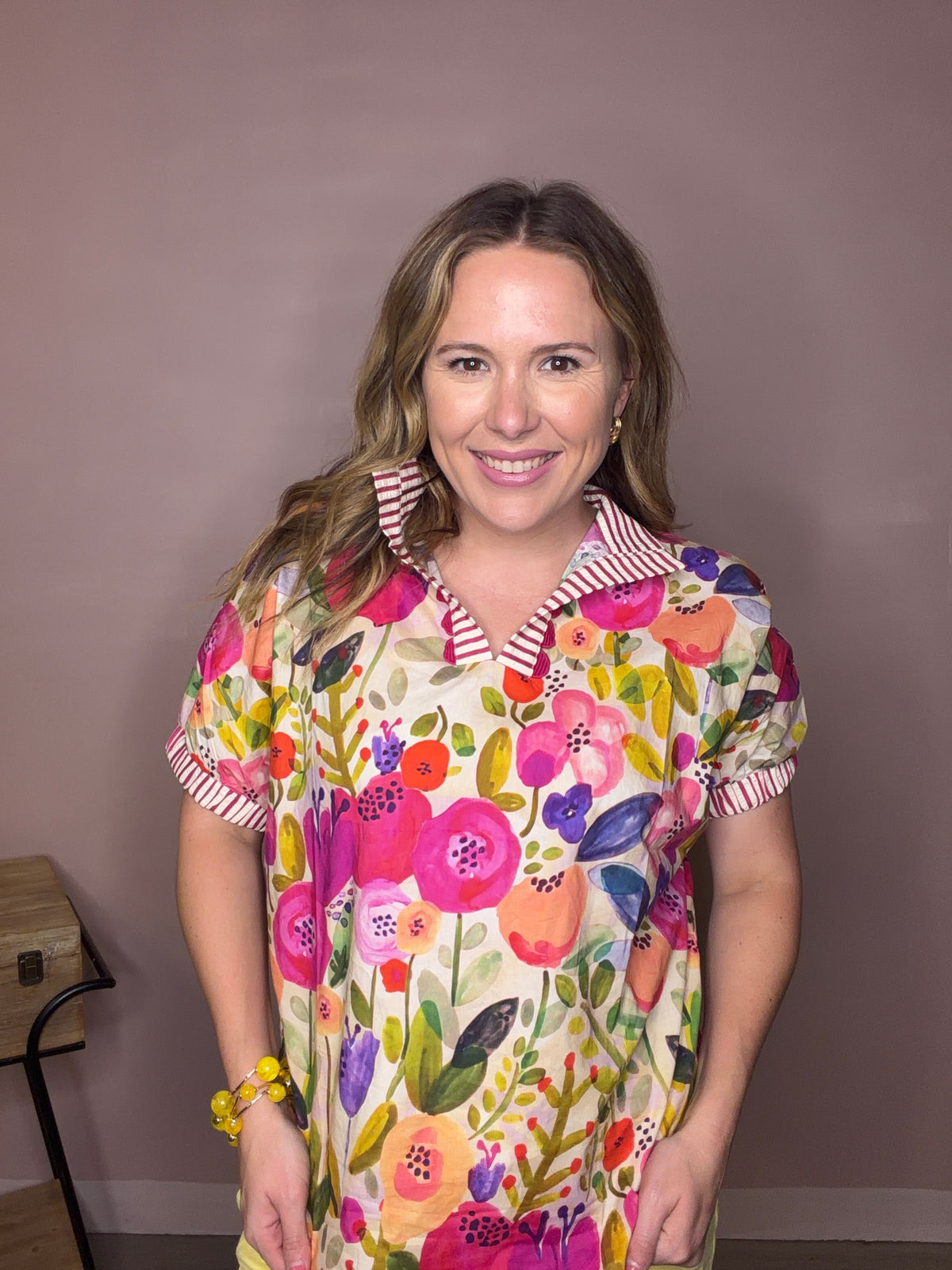 Colorful Garden Floral Contrast Collar Blouse
