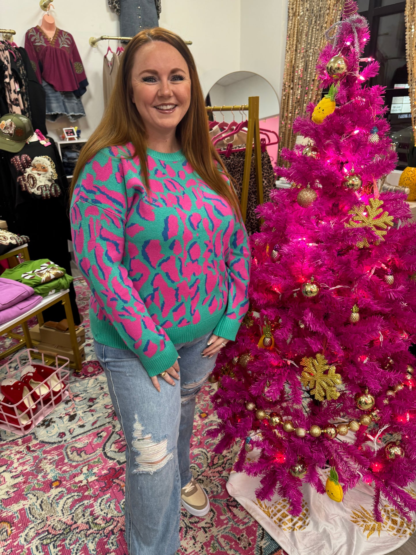 Green and pink leopard sweater