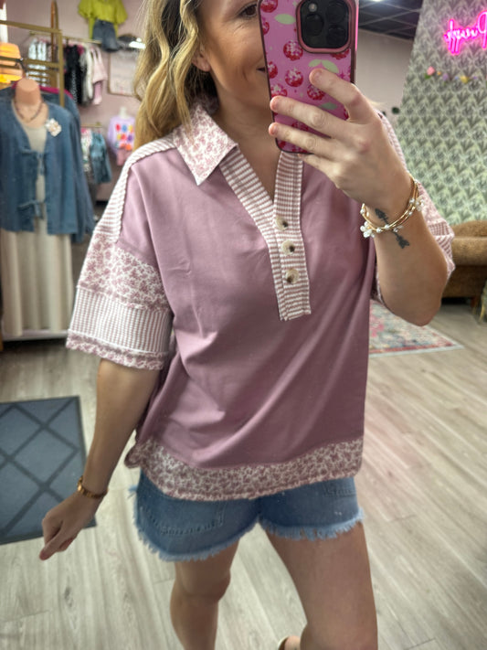 Mauve Floral Oversized Half Button Down Collared Knit Top