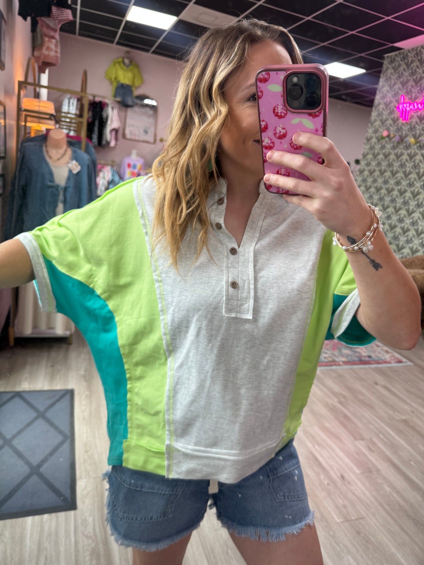 Neon Colorblock Oversized Half Button Down Collared Knit Top